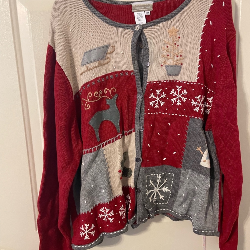 Coldwater Creek Red and Gray Cardigan with Holiday Designs